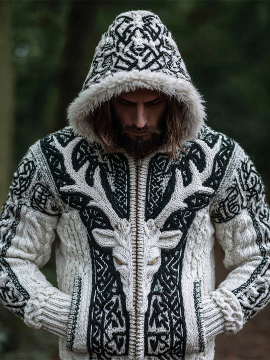 Viking Tribe Deer Head Pattern Men's Knit Hooded Cardigan elevenforest