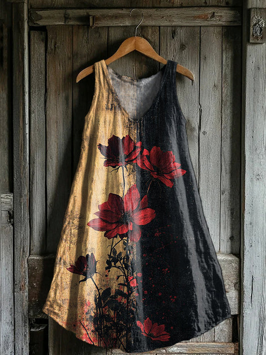 Women's Retro Rose Flower Art Print V-neck Pocket Cotton Dress
