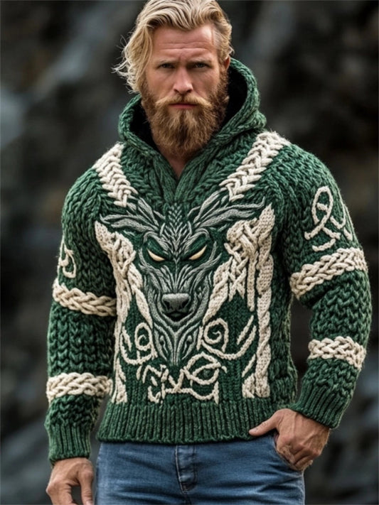 Men's Viking Wolf Celtic Cozy Chunky Hooded Sweater artswardrobe