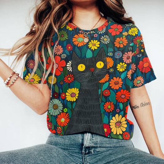 Vintage Flower Cat Print Round Neck Short Sleeve T-Shirt elevenforest