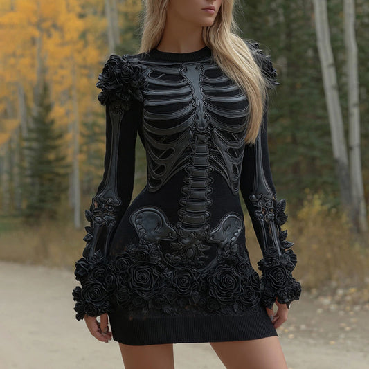 Women's Halloween Skeleton Flower Art Embroidery Cozy Knit Mini Sweater Dress artswardrobe