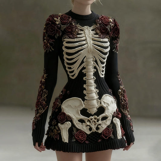 Women's Vintage Rose Skull Cozy Knit Mini Sweater Dress artswardrobe