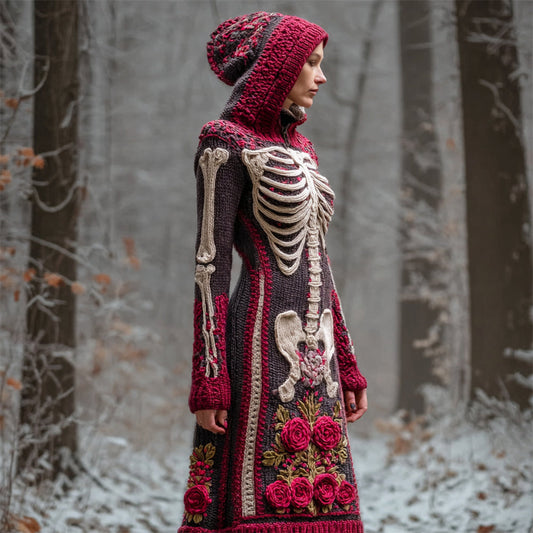 Retro Floral & Skeleton Women's Knit Hooded Sweater Dress artswardrobe
