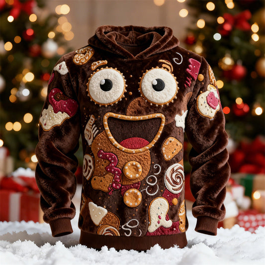 Comstylish Christmas Jolly Cookie Embroidered Men's Flannel Hoodie