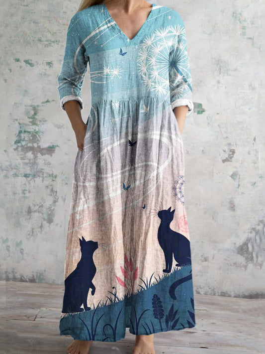 Comstylish Butterfly & Cat Element Printed Women's V-neck Linen Maxi Dress