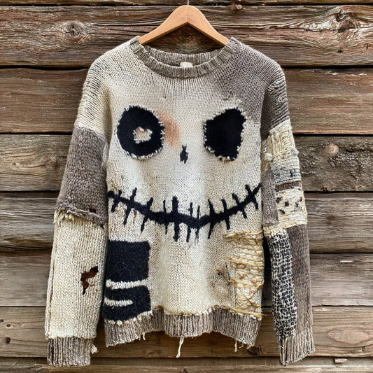 Halloween Spooky Face Contrast Stitched Cozy Knit Sweater artswardrobe