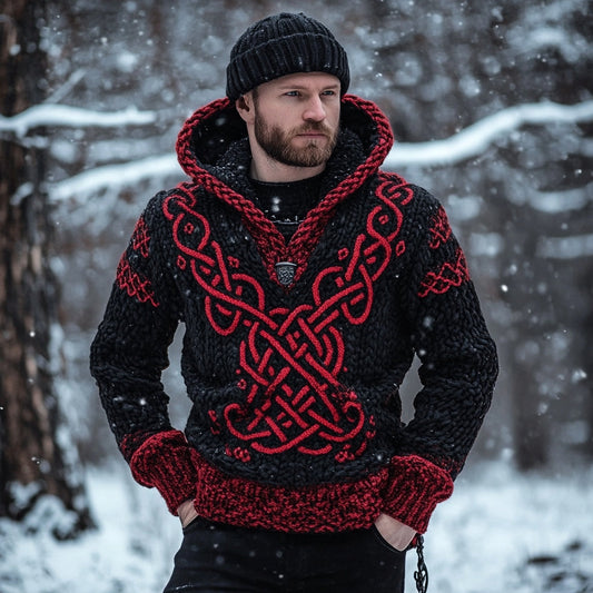 Viking Celtic Knot Pattern Knit Hooded Sweater artswardrobe