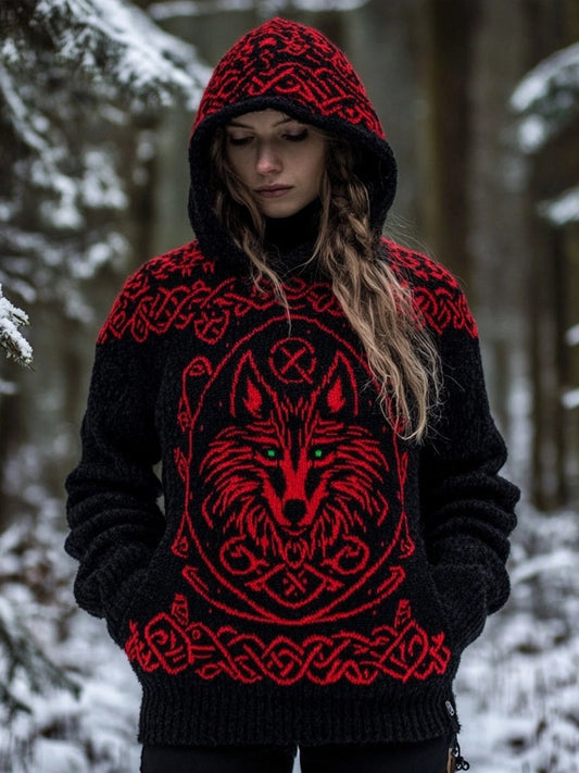 Viking Wolf Inspired Celtic Jacquard Cozy Hooded Sweater artswardrobe