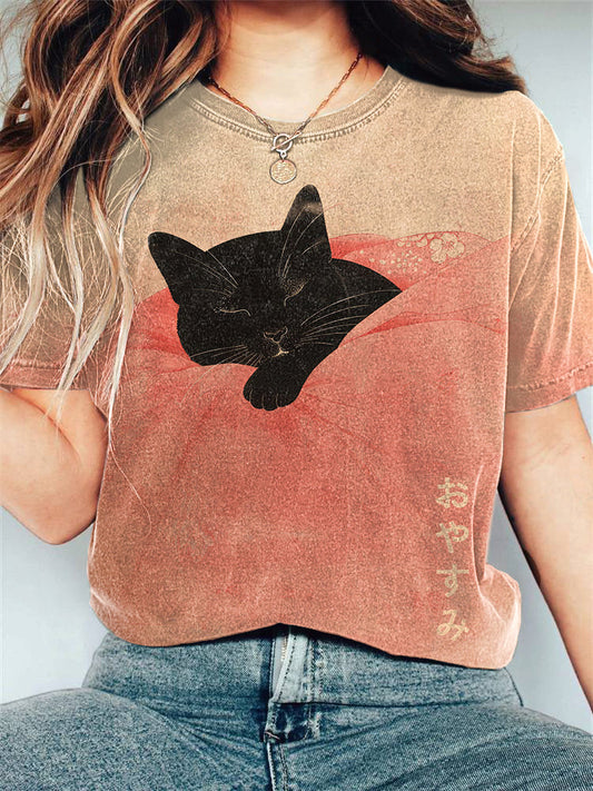 Vintage Cat Japanese Art Print Casual T-Shirt elevenforest
