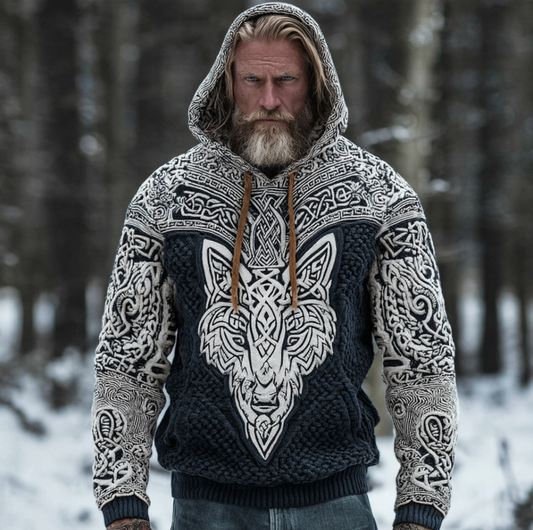 Men's Hooded Thick Sweater With Viking Style Tribal Totem And Wolf Totem Patterns artswardrobe