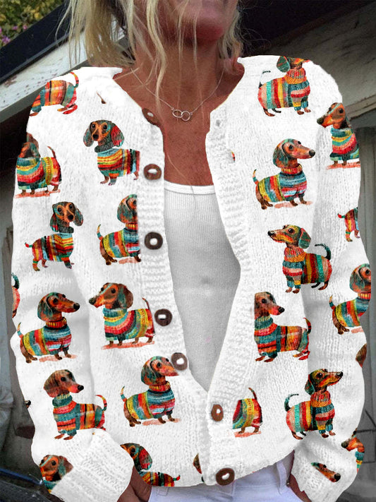 Comstylish Colorful Dachshund Pattern Crew Neck Cozy Cardigan