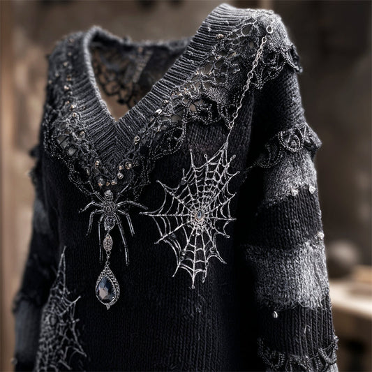 Halloween Gothic Crystal Spider & Spiderweb Embroidered Cozy Sweater artswardrobe
