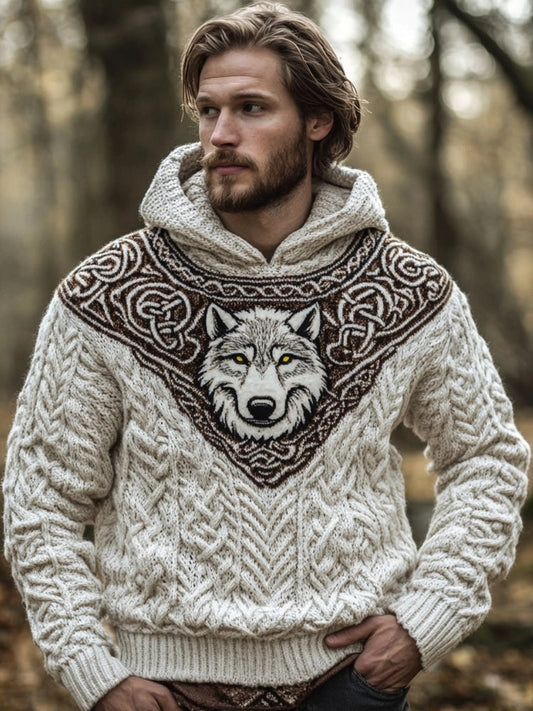 Men's Viking Wolf Celtic Jacquard Chunky Hooded Sweater artswardrobe