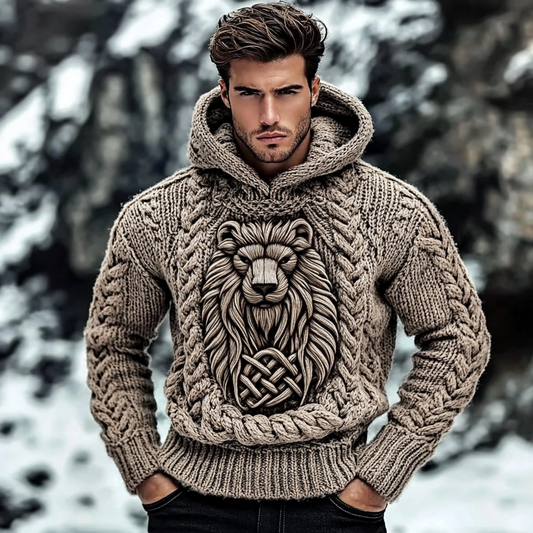 Men's Vintage Viking Lion Jacquard Knit Hooded Sweater artswardrobe