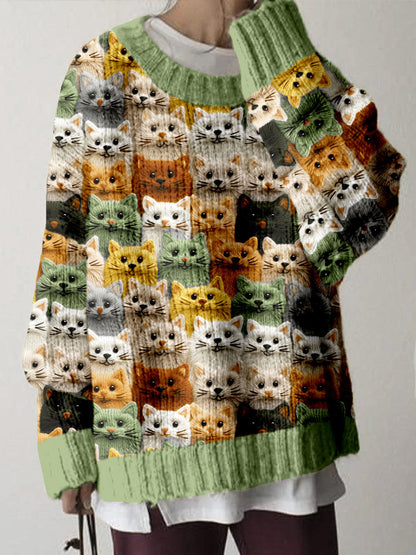 Colorful Cute Cats Pattern Cozy Knit Sweater elevenforest