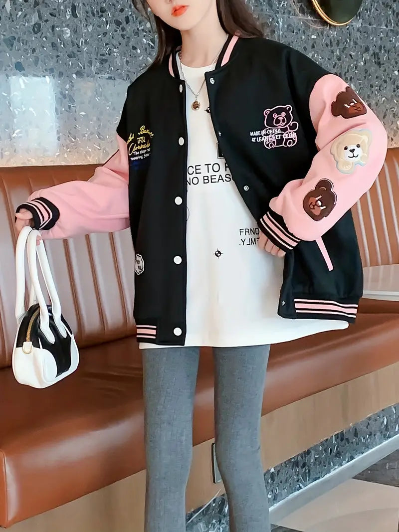 LM | College jacket with cuddly bear print
