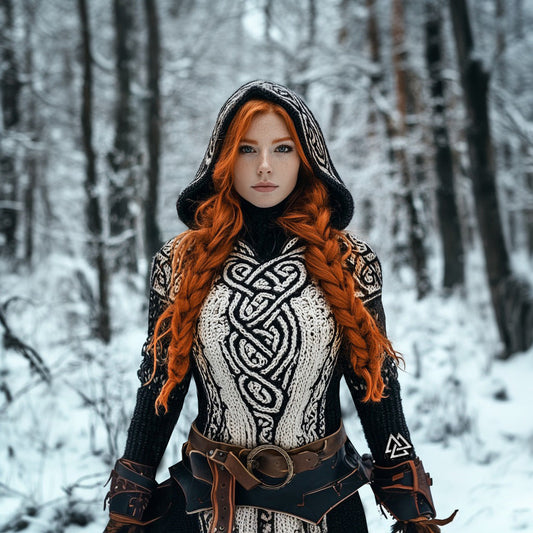 Viking Runes Inspired Celtic Knot Jacquard Chunky Hooded Sweater（accessories Not Included） artswardrobe