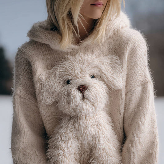 Cute Fuzzy Dog Embroidered Cozy Hooded Sweater artswardrobe