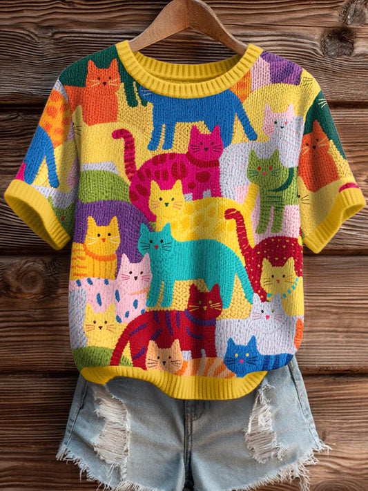 Women's Colorful Cats Pattern Cozy Knit Top
