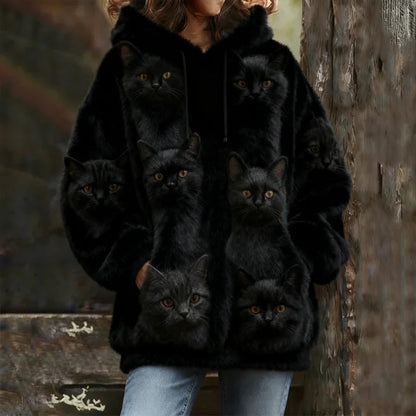 Comstylish Probe Cute Cat Flannel Hoodie