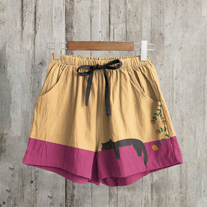 Abstract Creative Lazy Black Cat Painting Art Linen Shorts elevenforest
