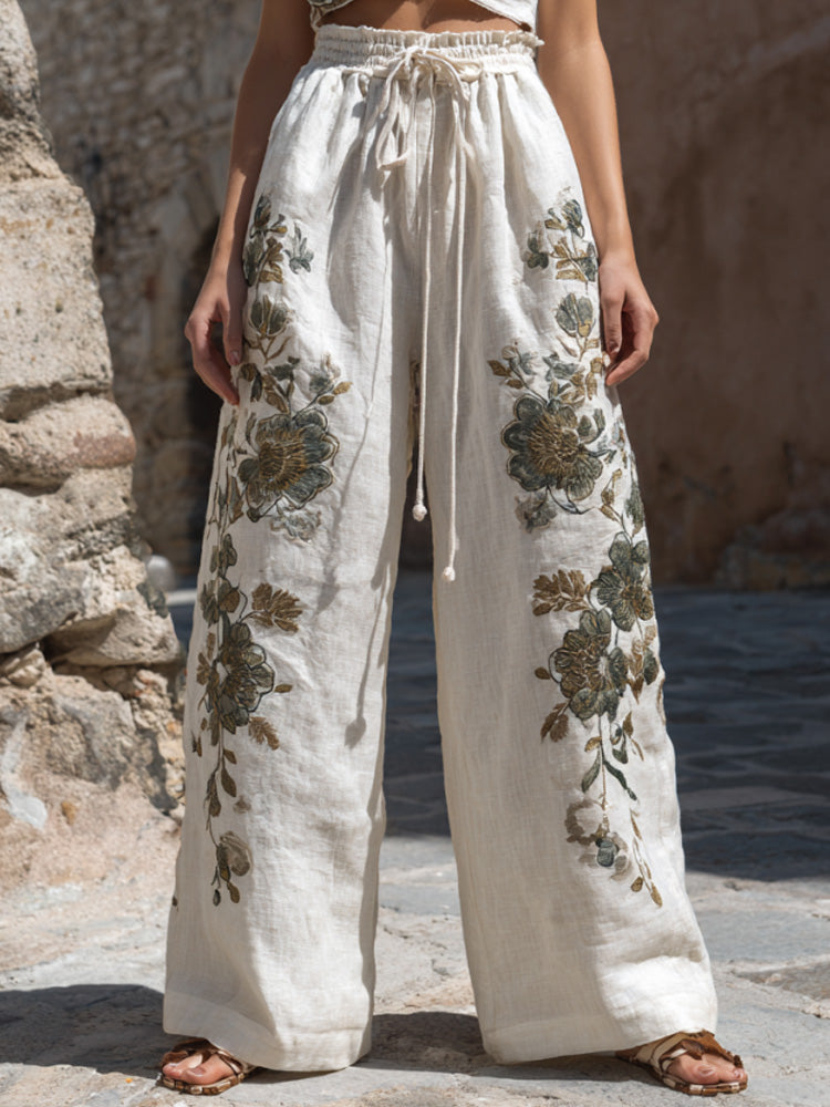 Women's Vintage Embroidery Art Comfy Linen Pants artswardrobe