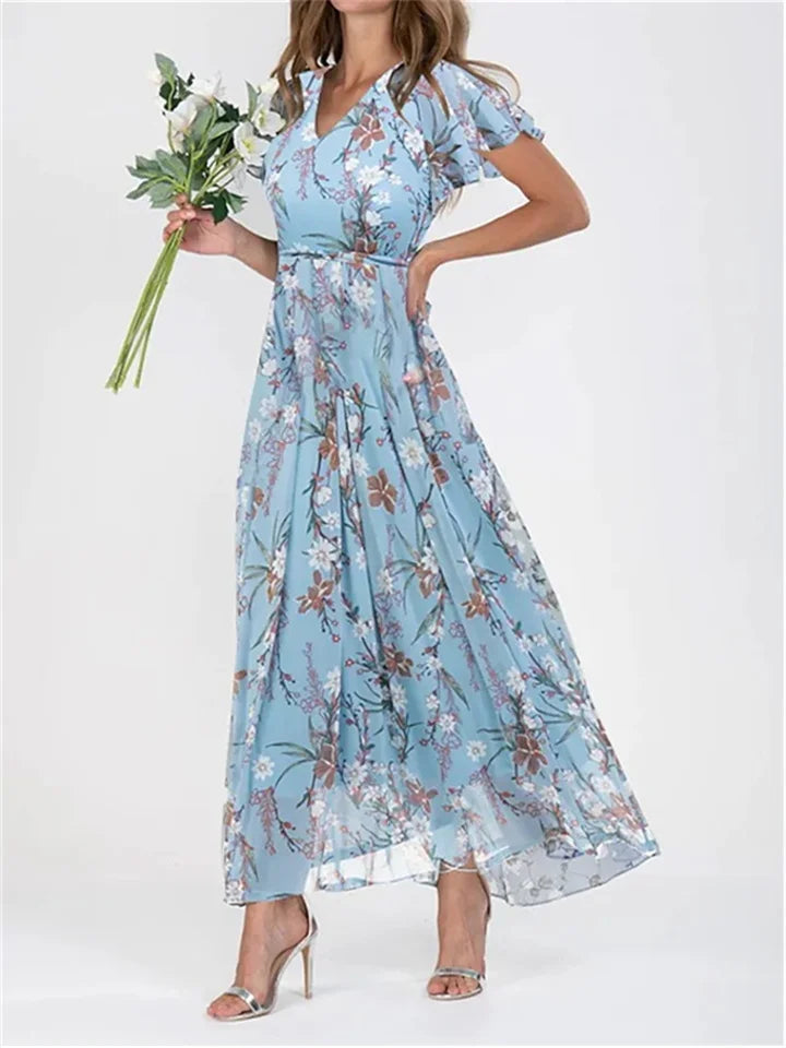 LM | Printed midi dresses with long sleeves and V-neckline