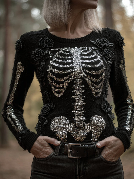 Women's Halloween Skeleton Rose Round Neck Sweater artswardrobe