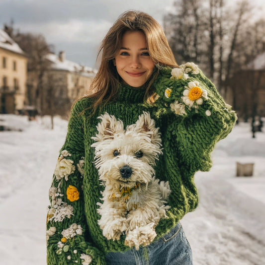 West Highland Terrier Puppy Running On Daisy Grass Jacquard Cozy Turtleneck Sweater artswardrobe
