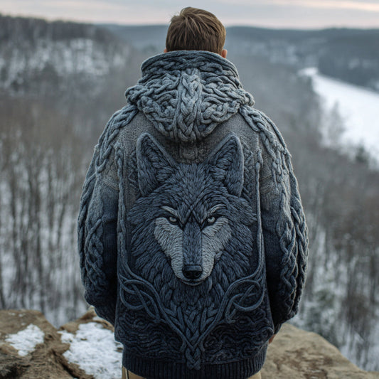 Men's Viking Wolf  Style Celtic Thick Zip-up Cardigan Sweater artswardrobe