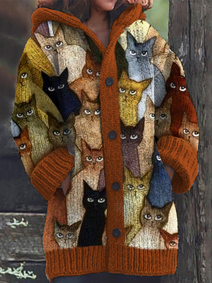 Comstylish Colorful Cats Pattern Cozy Hooded Cardigan