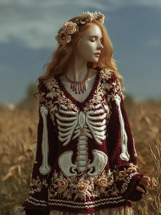 Ladies' V-neck Knitted Sweater With Halloween-themed Line Art And Botanical Floral Design. artswardrobe