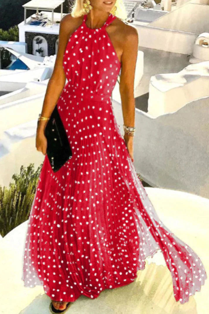 LM | Bohemian print patchwork halterneck pleated dresses