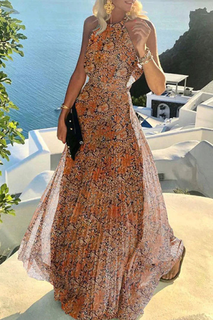 LM | Bohemian print patchwork halterneck pleated dresses