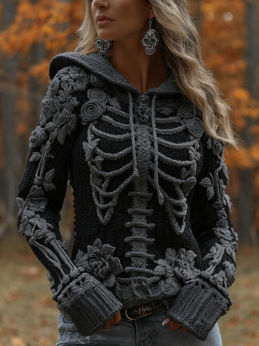 Women's Halloween Skeleton Bones With Roses Art Knitted Warm Hooded Sweater artswardrobe