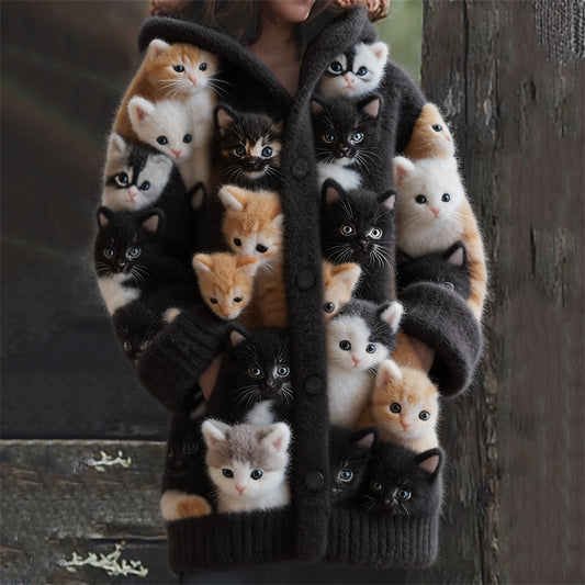 Comstylish Crowded Fuzzy Kittens Cats Cozy Hooded Cardigan