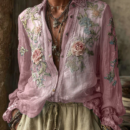Women's Vintage Bohemian Floral Pattern Linen Long Sleeve Shirt artswardrobe