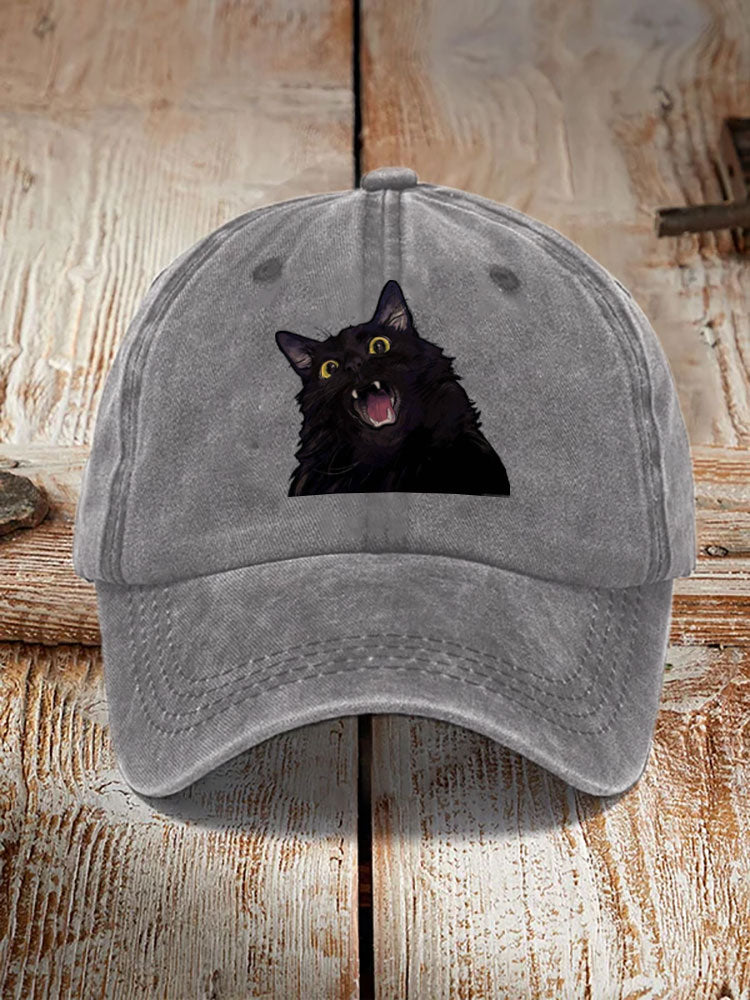 Japanese Art Black Cat Print Washed Hat elevenforest