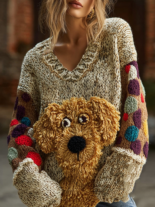 Lady Retro Cute Dog Plush Comfortable Knitted Sweater. artswardrobe