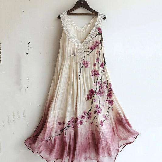 Comstylish Vintage Cherry Blossom Floral Lace Gradient Art Comfy Tank Dress