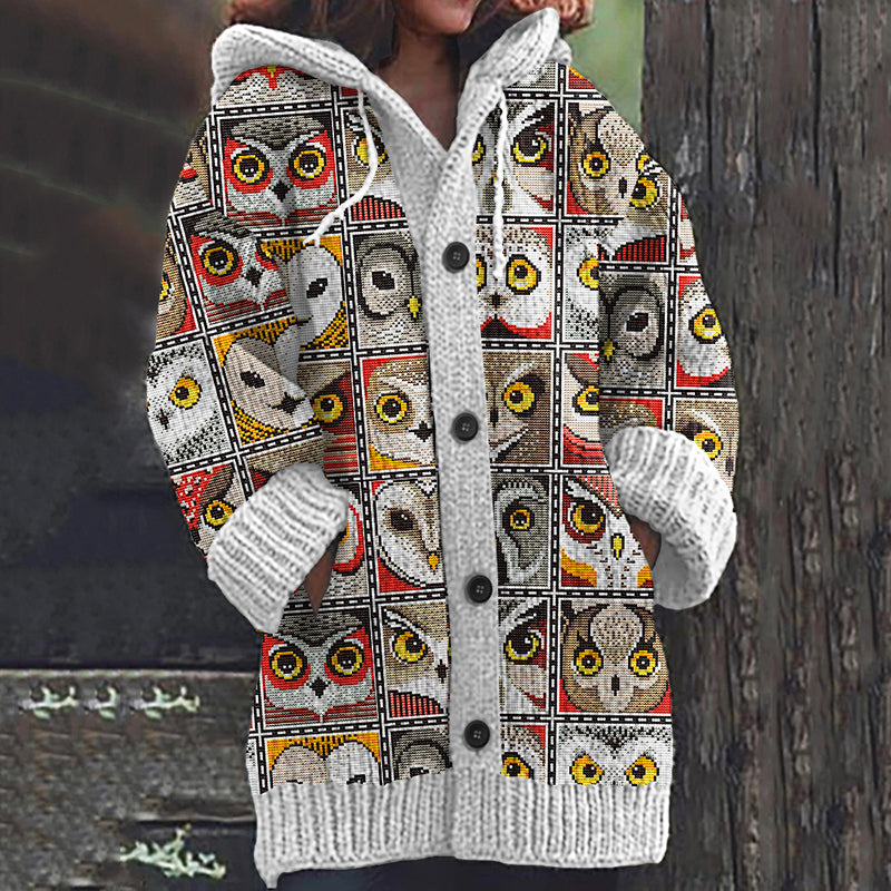 Block Owl Print Women's Cardigan Sweater artswardrobe