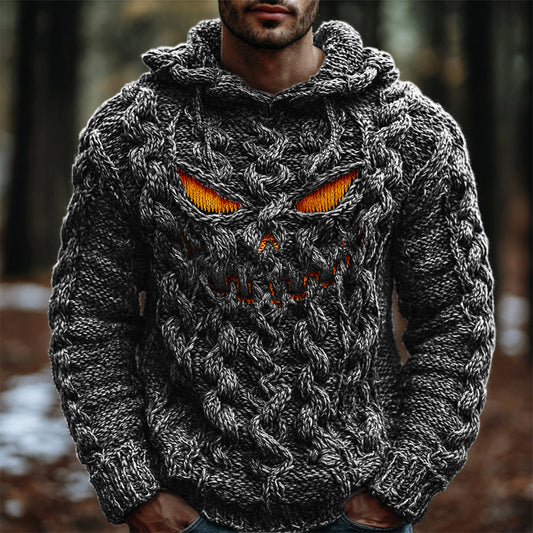 Halloween Evil Pumpkin Emoji Men's Chunky Knit Hooded Sweater artswardrobe