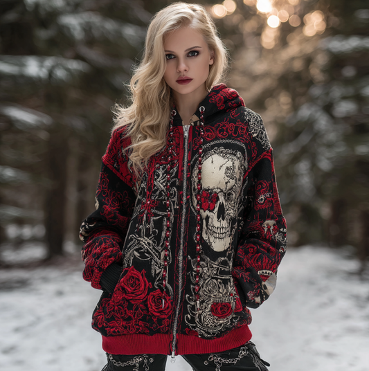 Halloween Skull And Rose Pattern Women's Hooded Sweatshirt Jacket artswardrobe
