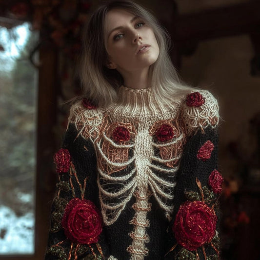 Women Halloween Skull And Rose Vintage Round Warm Neck Sweater artswardrobe