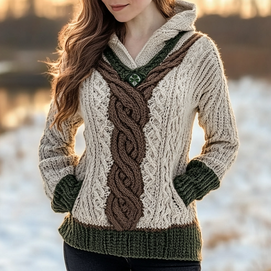 Women's Irish Celtic Knotted Jacquard Pocket Ireland's Hooded Sweater artswardrobe