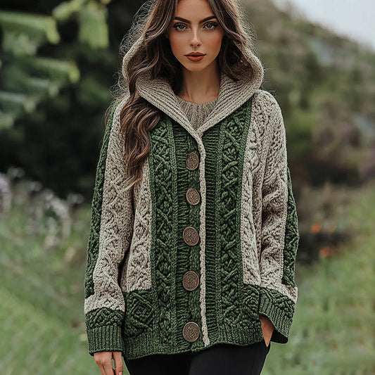 Women's Irish Celtic Knotted Hooded Button Up Cardigan Sweater artswardrobe