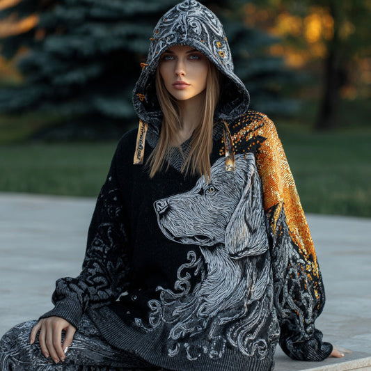 Women's Vintage Dog Embroidered Hooded Sweater artswardrobe