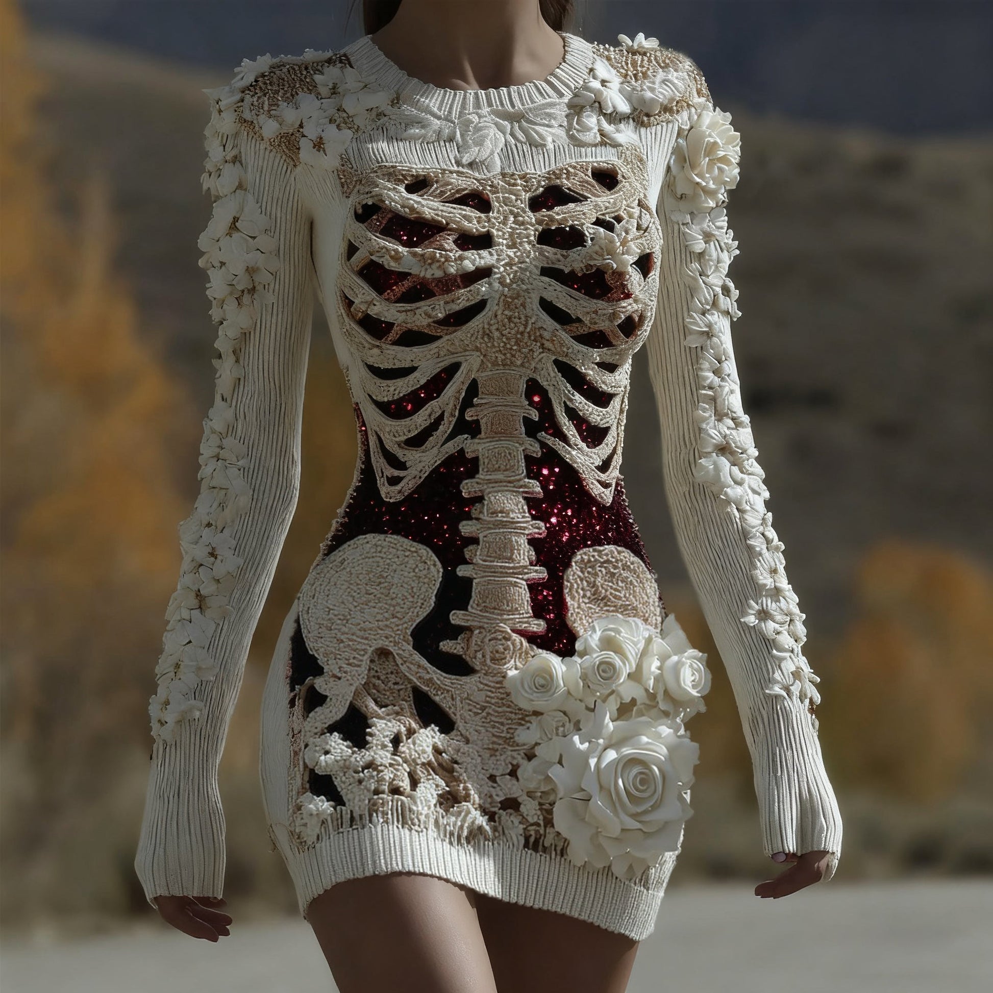 Women's Halloween Skull Anatomy Rose Sequin Art Round Neck Knit Dress artswardrobe