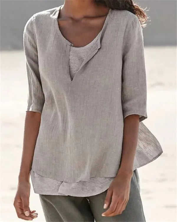 LM | Women's Clothing Half Sleeves V Neck Casual Solid Shirts