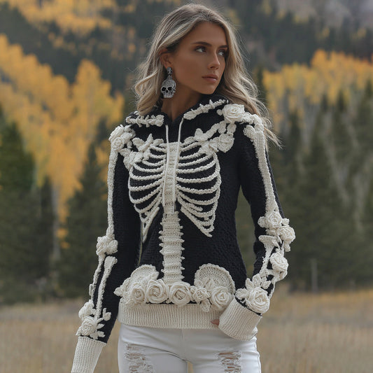Women's Halloween Skeleton Bones With Roses Art Knitted Warm Hooded Sweater artswardrobe